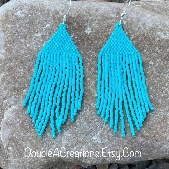 TURQUOISE Beaded Earrings with Fringe, New, Handmade by Me - Picture 4 of 7